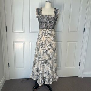 Ganni Black and White Checkered Smocked Dress